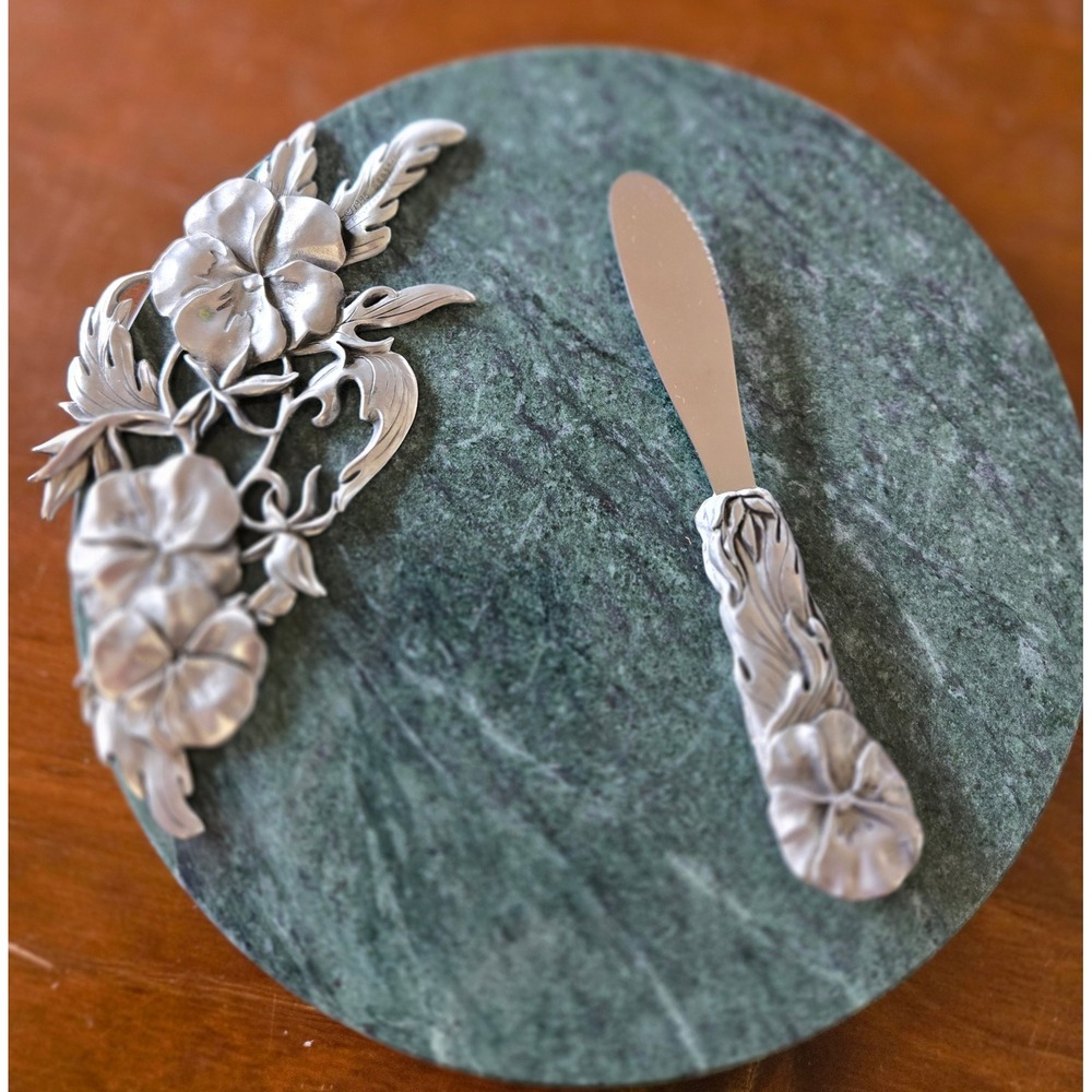 Seagull Pewter Canada 1995 Green Marble Cheese Board Spreader Set Pansy Floral